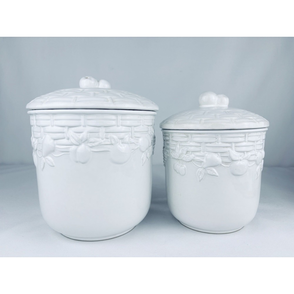 Lot Of 2 Fruit Arbor Alacarte Earthenware Canisters White Glazed Portugal VTG